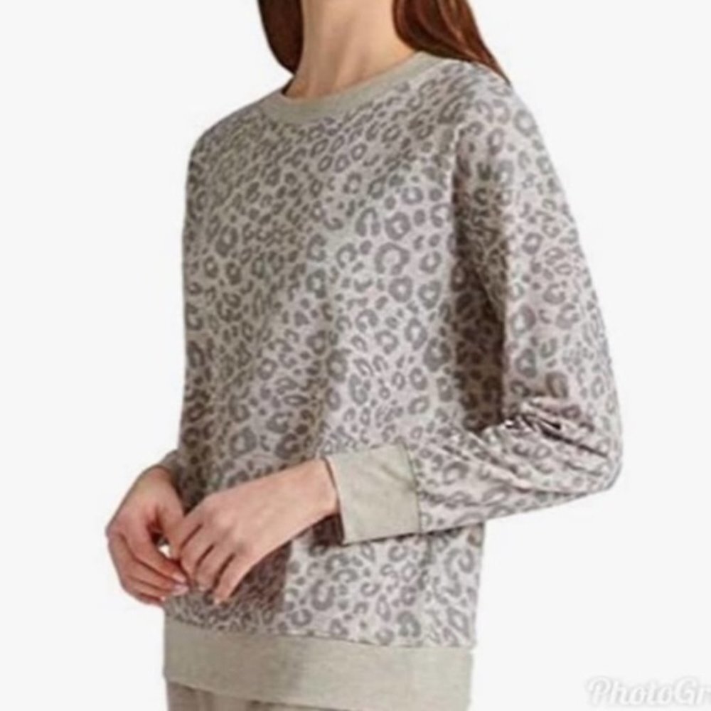SPLENDID Light Brown Leopard Print Long Sleeve Pullover Sweatshirt